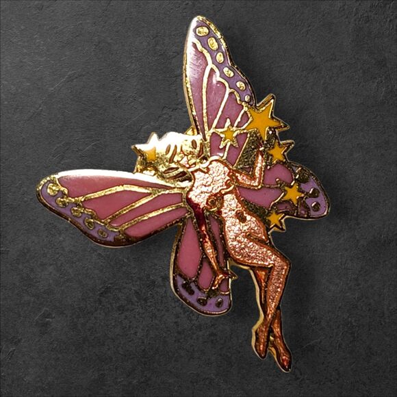 Vintage 1990s Gift Creations Nude Fairy Enamel Pin Pink Wings Stars Fantasy - Picture 3 of 5